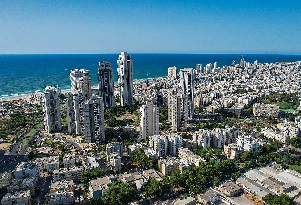 Bat Yam City Park, Mediterranean coastline and residential towers in Bat Yam, Israel