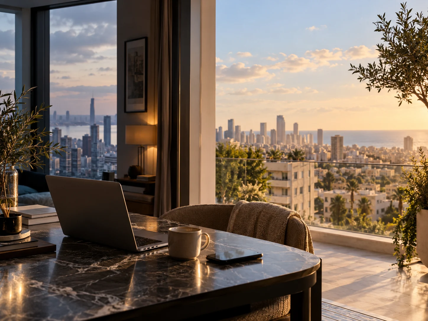 Concept image contrasting an overseas home office with the warm Tel Aviv skyline, reflecting hands-on property management across time zones