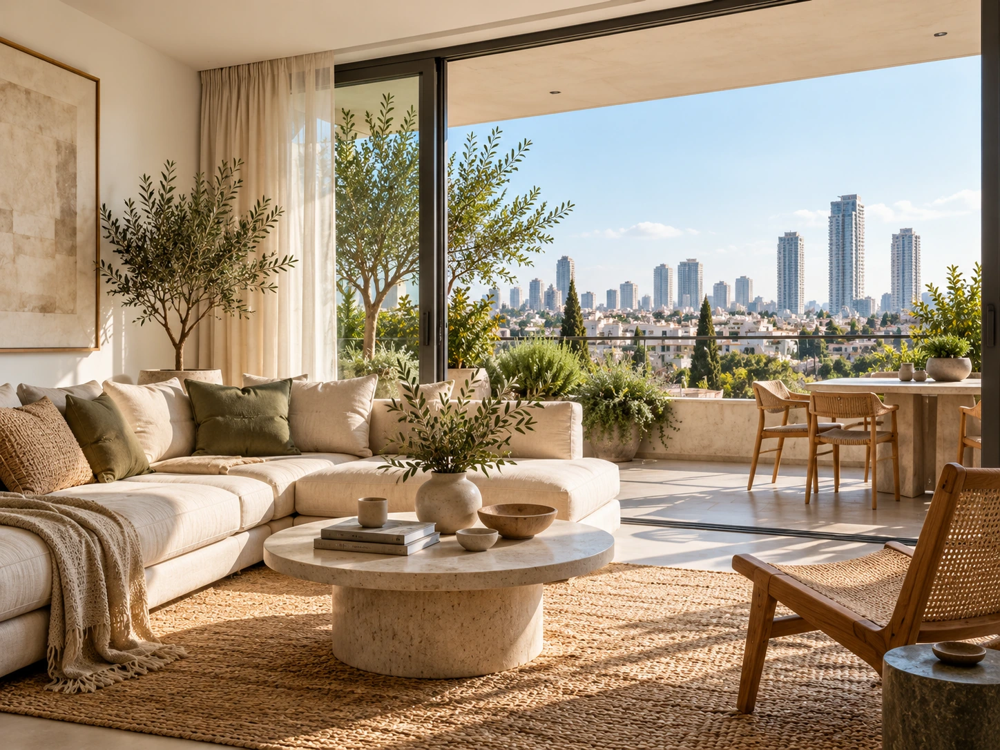 Elegant Mediterranean-style living room in Israel overlooking the Tel Aviv skyline